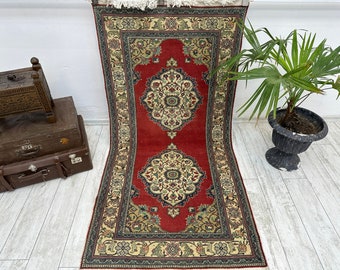 Red Oriental Turkish Rug, Vintage Rug, 3x6.4 ft, Oushak Rug, Area Rug, accent Rug, Living Room Rug, Handmade Rug, Antique Rug, Red Rug,