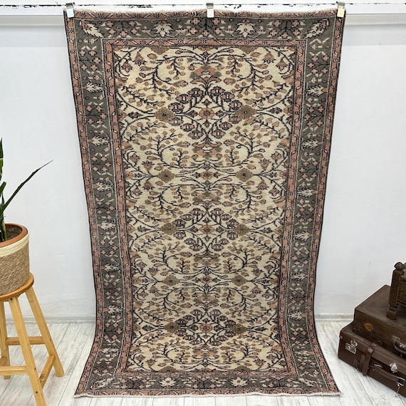 青い花柄ラグ フリンジ付き ウールラグ 青い花柄ラグ フリンジ付き