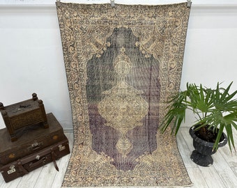 Turkish Rug, Vintage Rug, 3.9x6.7 ft, Oushak Rug, Area Rug, Faded Rug, Muted Rug, Living Room Rug, Handmade Rug, Antique Rug, Purple Rug