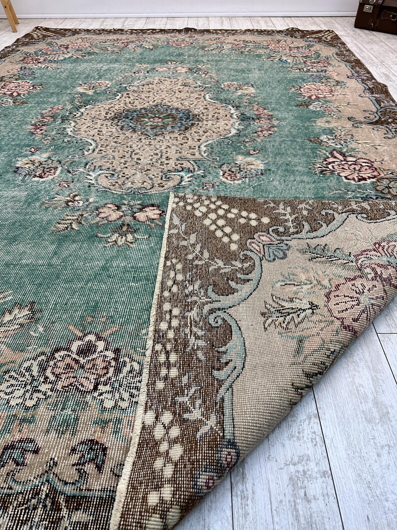Oversized vintage Turks tapijt – handgeweven wollen tapijt, groot boho-tapijt voor woonkamer, slaapkamer of eetkamer, 7,1 x 9,9 ft afbeelding 10