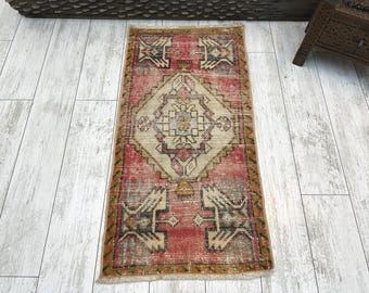 Klein Turks tapijt, vintage badmat, mini-Oushak-tapijt, Turks deurmatkleed, decor hal, buitenmat, klein vintage tapijt 1,7 x 3,3, boho-tapijt