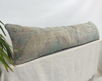 Vintage Kilim Lumbar Pillow 12x48 – Handwoven Turkish Cushion Cover, Boho Decor, Rustic Home Accent, Neutral Tones