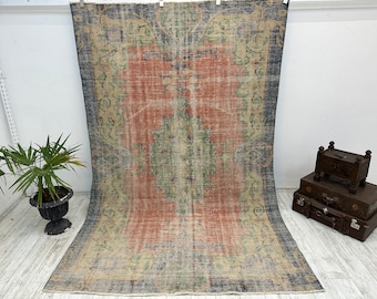 oriental vintage rug, dining table rug, aesthetic rug, low pile rug, turkish rug, oversize rug, botanic rug, wool rug, 5.9 x 9.2 FT,