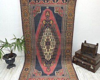 Vintage Turkish Runner Rug 4.6x9.1 Ft, Tribal Anatolian Rug, Hallway Runner, Rustic Wool Rug, Entryway Rug, Long Vintage Carpet