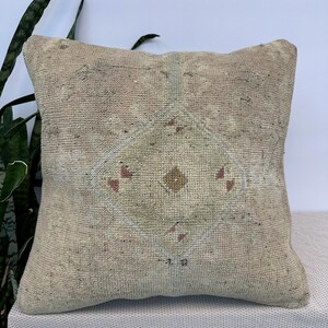 May include: A square throw pillow featuring a woven, textured fabric in muted beige and light tan tones. The center displays a diamond-shaped geometric pattern in faded green, accented by small, scattered red and brown details throughout.
