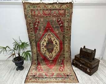 Vintage Oushak Turkish Rug, 4.3x8.7 ft, Handmade Wool Area Rug