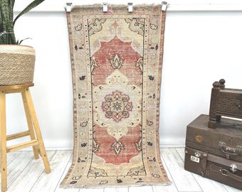 Turkish Red Rug, Vintage Rug, 2.6x5.2 ft, Oushak Rug, Area Rug, Faded Rug, Muted Rug, Living Room Rug, Handmade Rug, Antique Rug, Area Rug