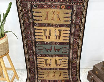 Vintage Turkish Rug 3.3x5.8 ft, Tribal Animal Motif Rug, Anatolian Folk Art Carpet