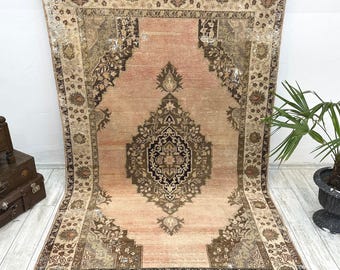 Oushak Rug 5.1x7.9 Ft Vintage Turkish Rug Wool Area Rug Pink Beige Living Room Carpet