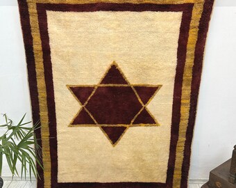 Star of David Rug 4.9x6.5 ft, Vintage Turkish Wool Rug, Judaica Home Decor