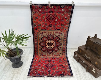 Vintage Turkish Oushak Wool Runner Rug – 3x6 Ft, Red Blue Beige