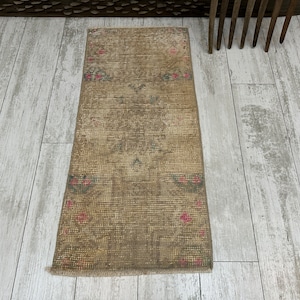 Turkish Mini Rug, Small Vintage Rug, Small Oushak Rug, Faded Rug, Kitchen Mat, Bedroom Rug, Laundry Rug, Turkish Doormat, 1.3x3 Boho Rug