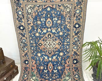 Vintage Blue Turkish Rug 4.2x6.6 ft, Floral Medallion Anatolian Area Rug