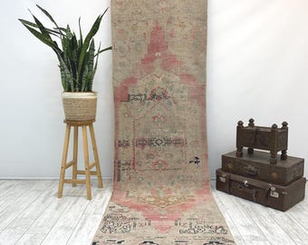 Vintage Turkish Runner Rug 3x10.4 ft, Faded Pink Distressed Hallway Carpet