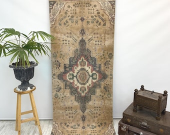 Turkish Rug, Vintage Rug, 3.1x8.1 ft, Oushak Rug, Area Rug, Faded Rug, Muted Rug, Living Room Rug, Handmade Rug, Antique Rug, Red Rug
