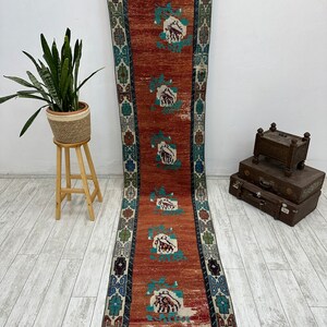 Hallmatta, turkisk löparmatta, handgjord turkisk matta, vintage löparmatta, handgjord matta, bleknad matta, bohomatta, köksmatta, 2,5 x 11,4 fot bild 2