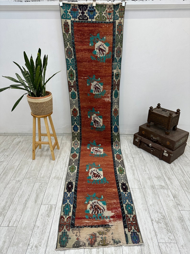 Hallmatta, turkisk löparmatta, handgjord turkisk matta, vintage löparmatta, handgjord matta, bleknad matta, bohomatta, köksmatta, 2,5 x 11,4 fot bild 2
