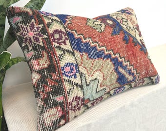 Muted Tones Kilim Pillow | 16x24 Vintage Rug Lumbar | Soft Boho Touch for Neutral Home Styling