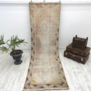Vintage Turkish Oushak Runner Rug, Muted Colors, 3x9.2 ft