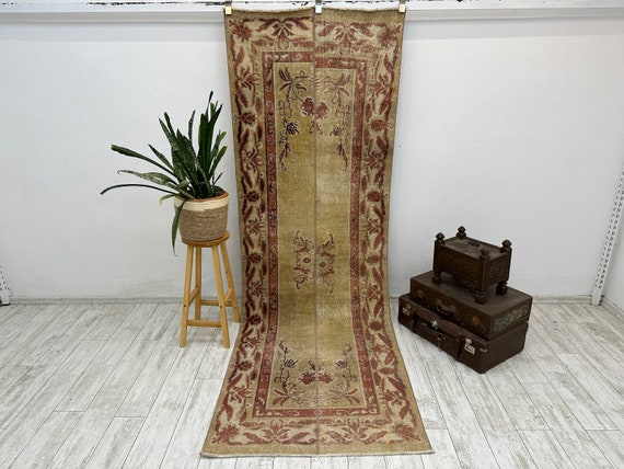 farmhouse rug, entryway runner, turkish oushak rug, anatolian rug, vintage rug, yellow runner, traditional rug, 3.3 x 9.8 ft,