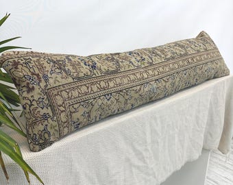 Long Lumbar Pillow Cover 12x48, Handmade Turkish Rug Pillow, Vintage Wool Cushion, Rustic Bed Accent Pillow