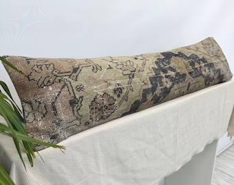 Vintage Rug Pillow Cover 12x48, Turkish Lumbar Pillow, Long Decorative Cushion, Boho Farmhouse Decor