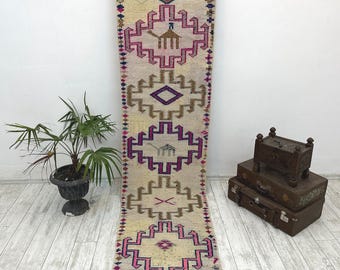 2.5x9.5 Ft Vintage Herki Runner Rug, Tribal Kurdish Hallway Carpet, Hand Knotted Wool Long Rug, Boho Oriental Narrow Runner