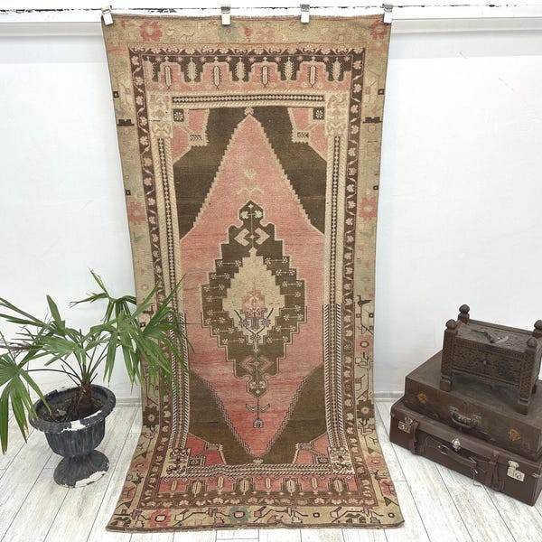 Vintage Oushak-wollen vloerkleed, 3,8 x 8,3 ft, handgemaakt Turks decor