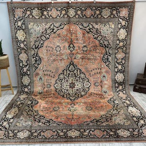 9x12 Vintage Rug, Turkish Rug, Silk  Rug, Oversized Rug, Living Room Rug, Dining Room Rug, Medallion Rug, 9x12 Carpet, 8.9 x 12 FT