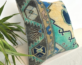 Boho Vintage Rug Cushion 20x20 Turkish Wool Pillow