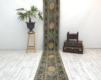 Long Vintage Turkish Runner, Handmade Oriental Carpet, Muted Oushak Rug, Rustic Boho Entryway Decor, 2x13.1 ft