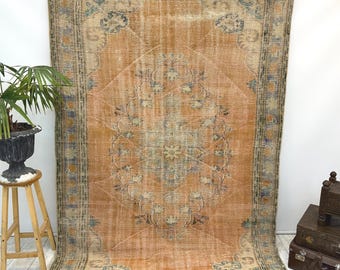 oriental vintage rug, dining table rug, aesthetic rug, low pile rug, turkish rug, oversize rug, botanic rug, wool rug, 5.5 x 8.1 FT,