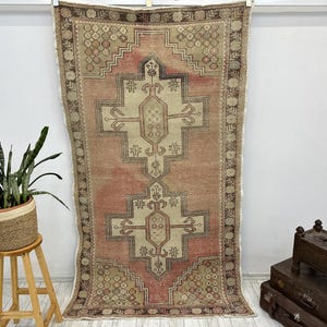 Oriental rug, 4.2x7.5 ft, Small turkish rug, Accent rug, Oushak wool rug, Handmade rug, Muted rug, Bohemian rug, Wool rug, Red Accent Rug