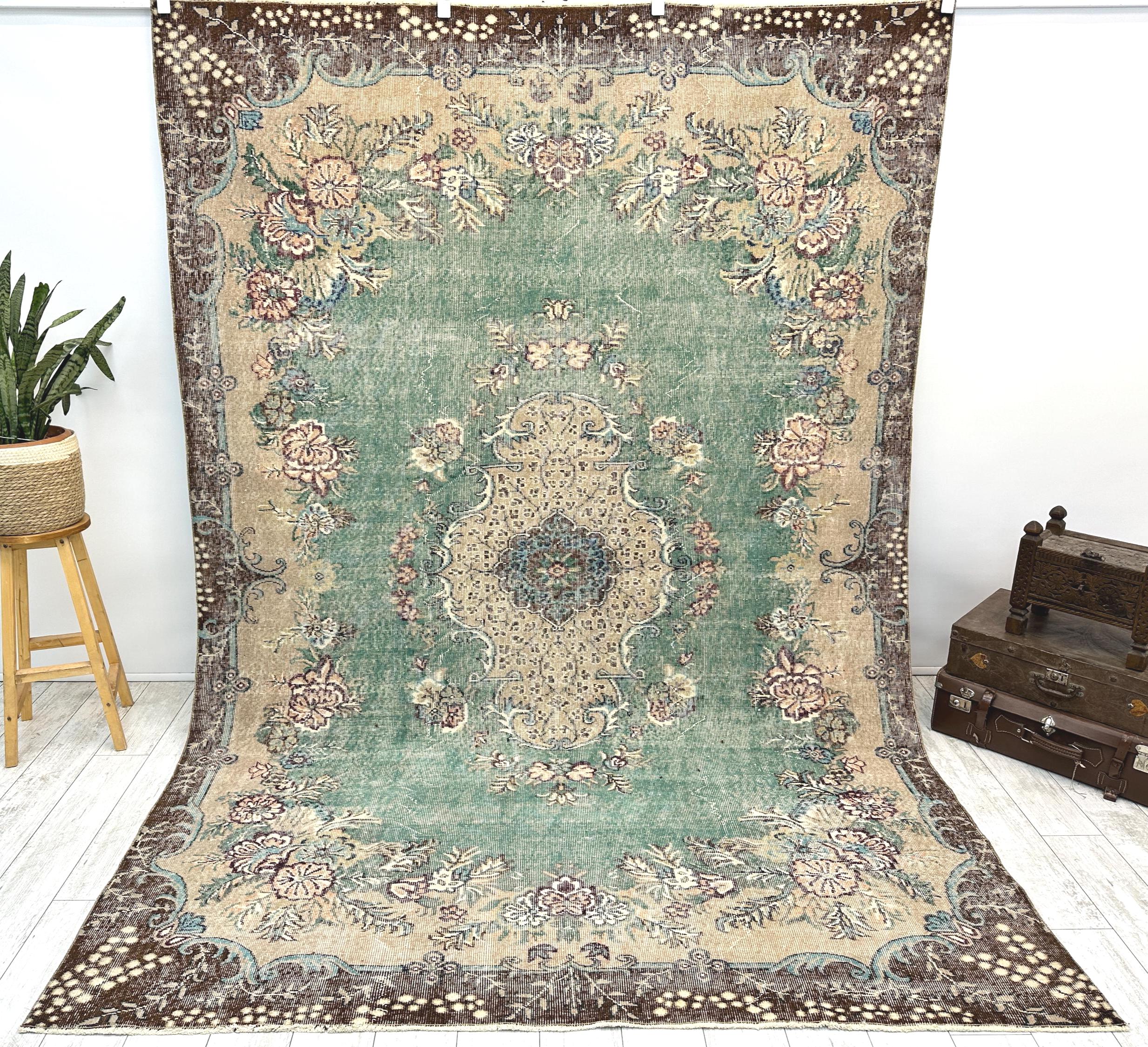 7x9 Vintage Turkish Carpet, Soft Colors, Large Rug, Wabi Sabi