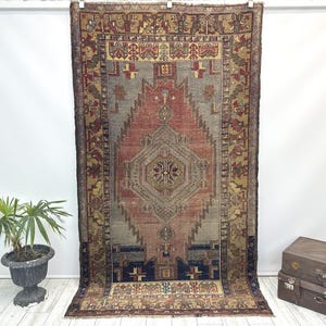 Turkish vintage large area rug, Handmade rug, Oushak rug, Oriental area rug, Bohemian home decor, Rustic rug, Carpet, 4.5 x 8 ft