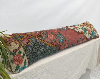 Vintage Anatolische lendenkussenhoes 12x48 cm, lang Turks tapijtkussen, rustiek boerenbankkussen, handgeweven wollen textiel