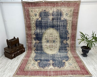 Turkish Area Rug Large Size, Handmade Vintage Carpet, Beige & Faded Tones, Distressed Oversized Rug, Boho Style Living Room, 7x10.9 Ft,