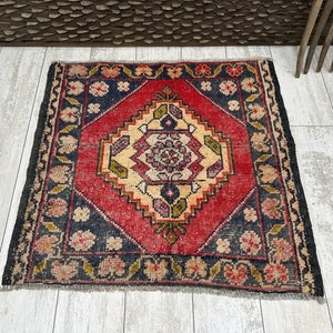 Kleiner türkischer Teppich, Vintage Badematte, Mini Oushak Teppich, Fußmatte, Eingangsbereich, Outdoor, kleiner Vintage Teppich 70x70 cm, Boho Teppich