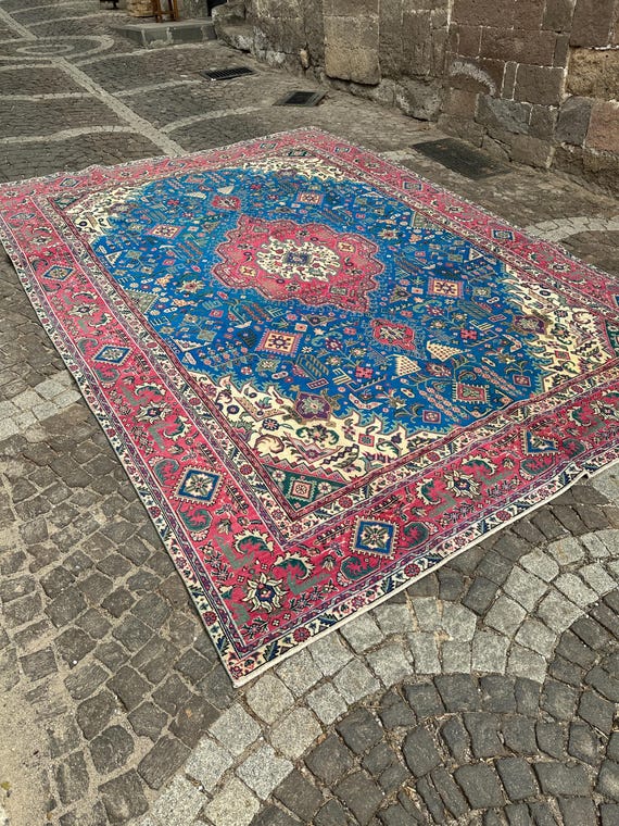 9x12 Vintage Turkish Rug, Blue Medallion Carpet, Oversized Hand