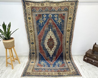 Large Vintage Handwoven Carpet | Antique Bohemian Area Rug | Handcrafted Wool Textile, 5.4 x 8.9 ft