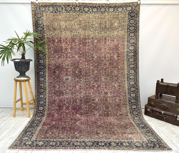 Turkish Area Rug, 6.4x9.7 ft, Geometric Scandinavian Decor Rug, Vintage Carpet, Oushak Rug, Hand Knotted Wool Anique Rug, Red Area Rug,