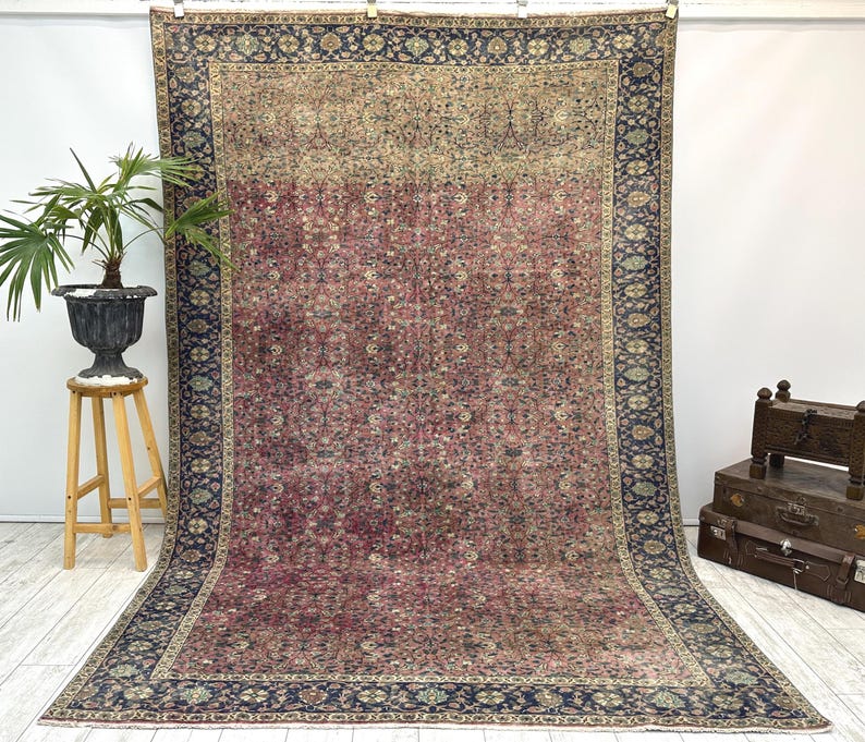 Turkish Area Rug, 6.4x9.7 ft, Geometric Scandinavian Decor Rug, Vintage Carpet, Oushak Rug, Hand Knotted Wool Anique Rug, Red Area Rug, image 1