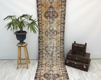 2.6x10 ft Orange Brown Vintage Runner Rug, Long Hallway Anatolian Turkish Carpet