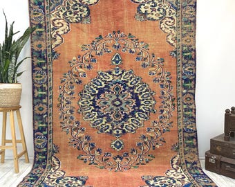 7x9 Vintage Turkish Carpet, Soft Colors, Large Rug, Wabi Sabi