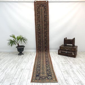 May include: A long, rectangular runner rug with a detailed, geometric pattern. The rug features a central design in shades of navy, green, and beige, framed by a reddish-brown border. The rug is displayed against a white wall and light-colored wooden floor.