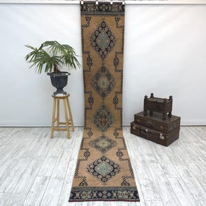 May include: A long, rectangular, vintage rug with a tan background and repeating geometric patterns in navy blue, teal, and brown. The rug is displayed on a light wood floor.