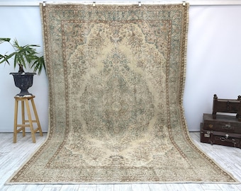 Large Vintage Turkish Rug – Handmade Wool Carpet, Oversized Oriental Kilim, Big Bohemian Area Rug for Living Room or Bedroom Decor, 7.3x10
