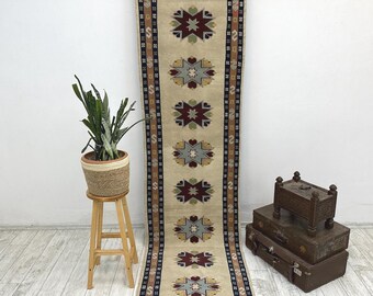 Alfombra grande, alfombra del suroeste, alfombra de entrada, alfombra para chimenea, alfombra con borde, alfombra turca, alfombra de pasillo ikat, alfombra usada, alfombra vintage, 2,6 x 10,1 pies