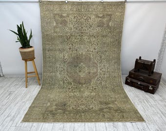 vintage rug, turkish area rug, antique rug, natural rug, handmade rug, oversize rug, large rug, floral rug, wool rug, 6.2 x 9.8 ft,