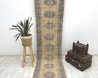 Handmade Turkish Hallway Runner Rug, Vintage Wool Carpet (2.8 x 10.1 Ft)